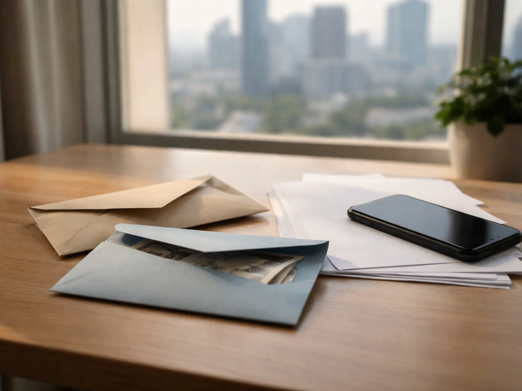 Minimal office scene with scattered notes and two different sealed envelopes suggesting differing net worth estimates