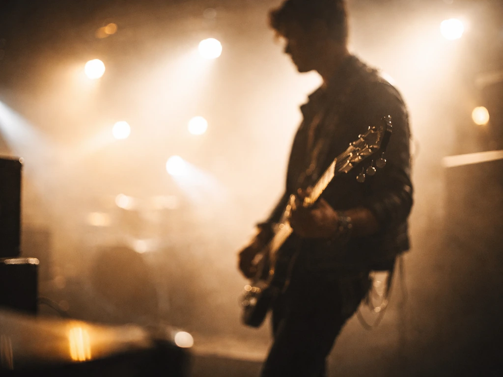 Dark concert stage with blurred guitar silhouette and warm lights, hinting at music stardom and wealth