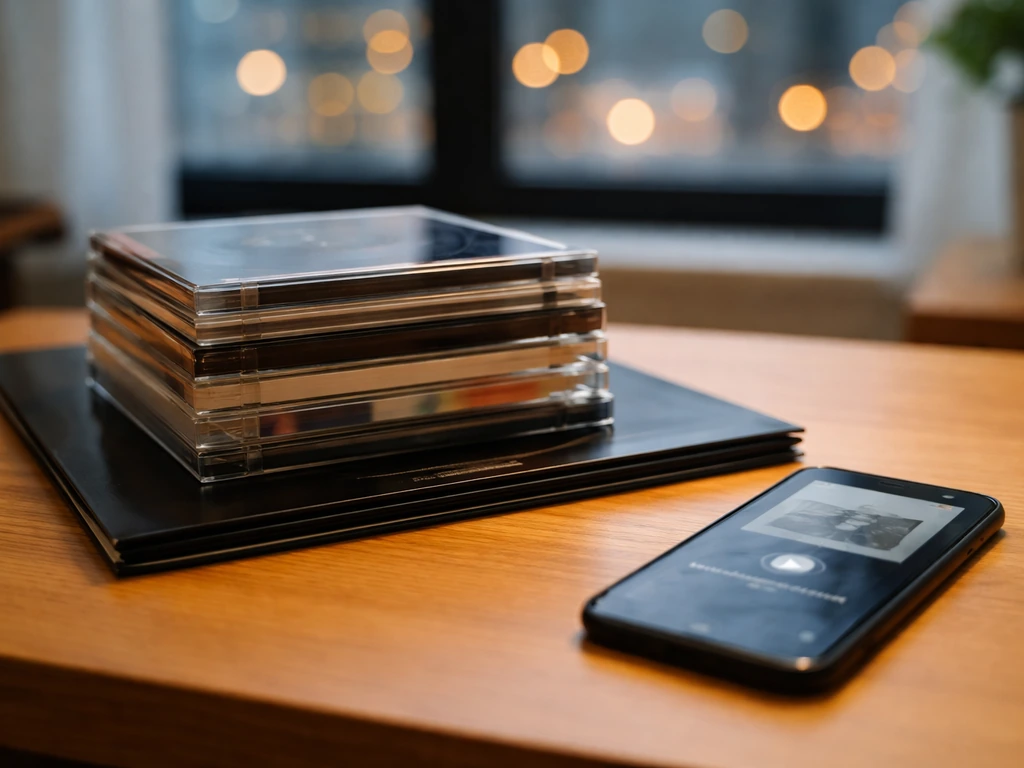 Albums and a phone on a desk, suggesting music streaming and sales performance without readable text.