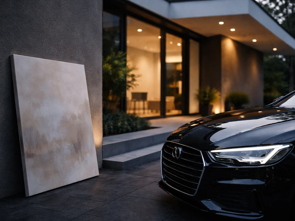 Luxury home exterior with a parked car and a leaning art canvas, symbolizing shifting assets.