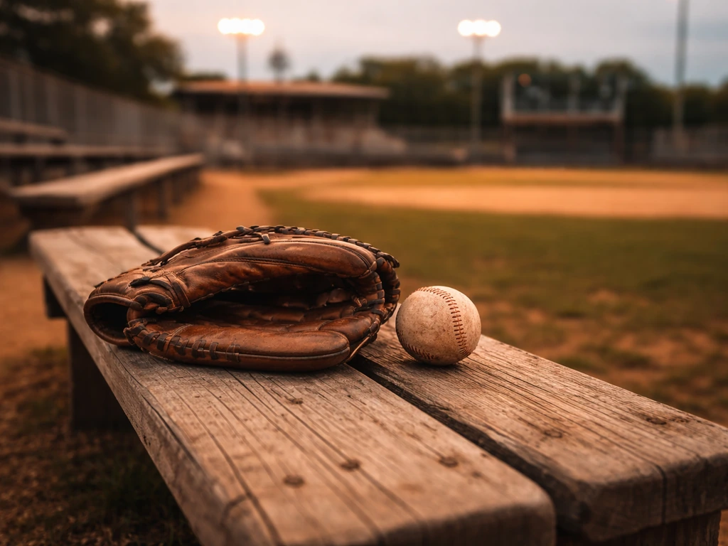 Close-up of a vintage baseball glove and leather ball on a worn wooden bench near a field at dusk.