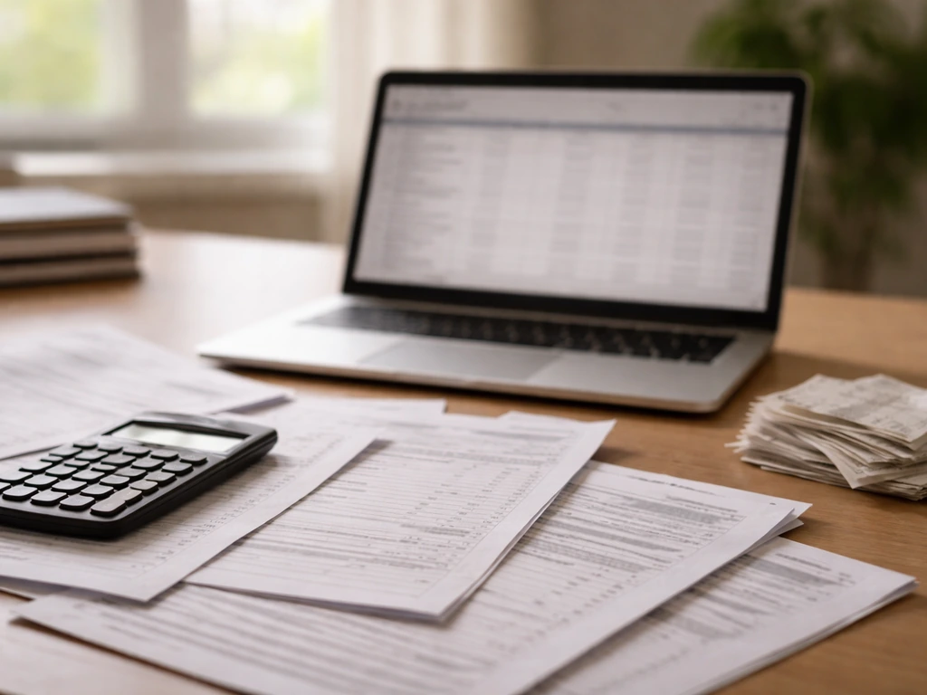 Office desk with generic tax-form style papers, receipts, and calculator implying limited net-worth data access.