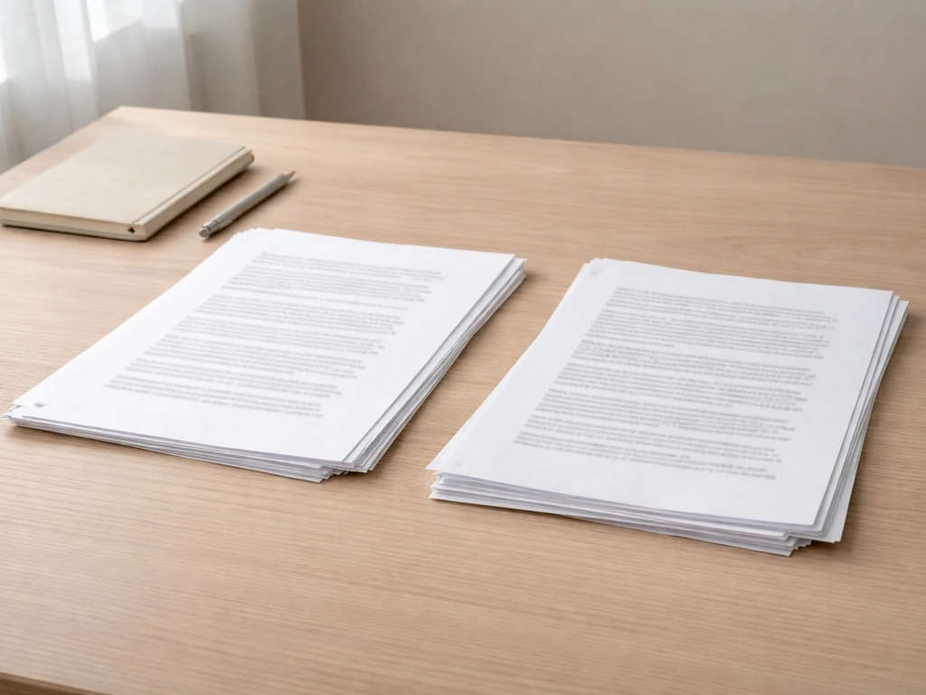 A simple desk scene with printed pages laid out side-by-side, suggesting a comparison of published estimates.