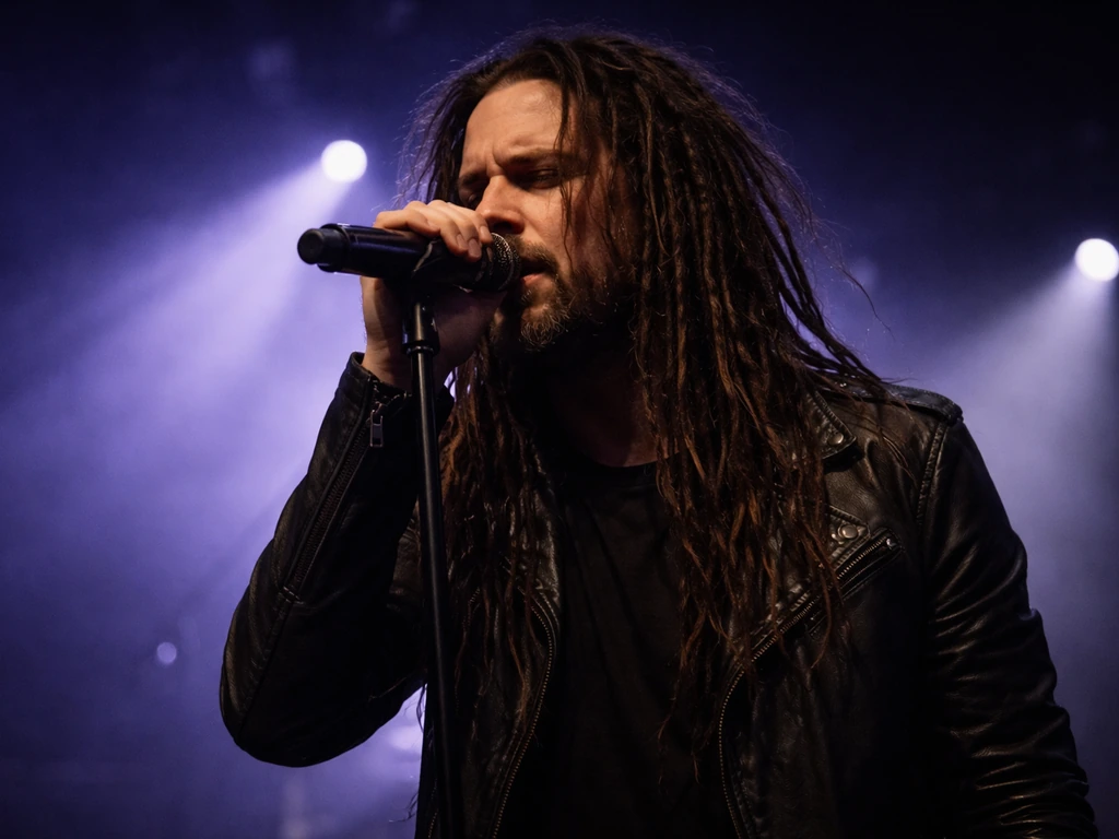Jonathan Davis-inspired musician holding a mic on a dim stage with Korn-like rock vibe.
