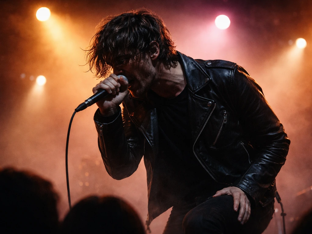 Anonymous male lead singer performing on stage under warm concert lights with a microphone