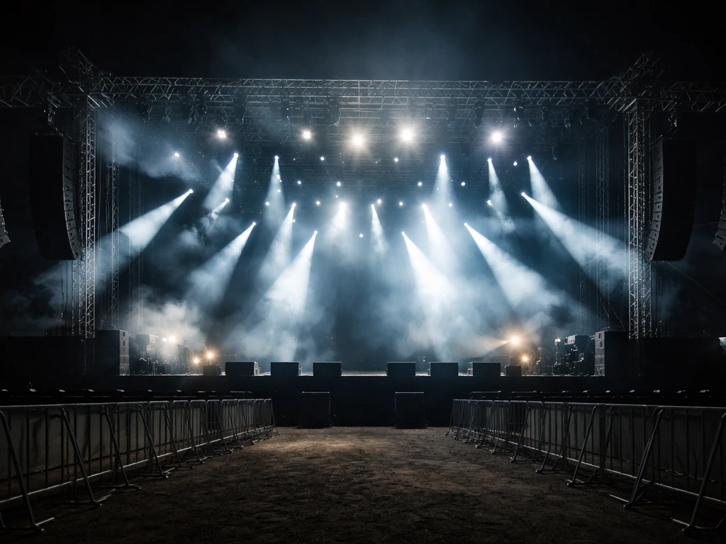 Rock concert stage with dramatic lights and empty foreground, suggesting a major touring production.