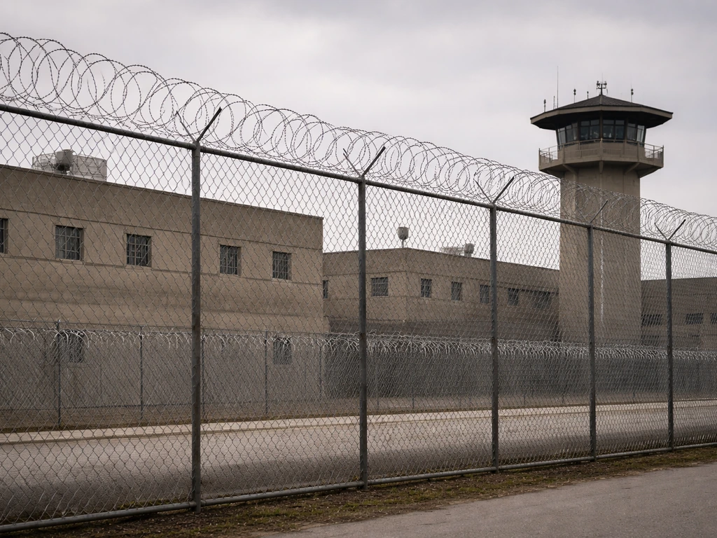 Overcast exterior of a federal prison with chain-link fencing and muted buildings, suggesting custody.