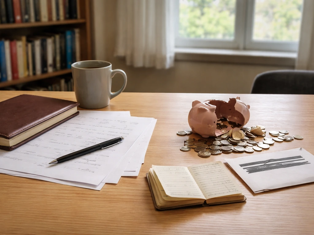 Quiet UC Berkeley–style office desk with a salary-like stack of papers and a separate harsh expense cue.