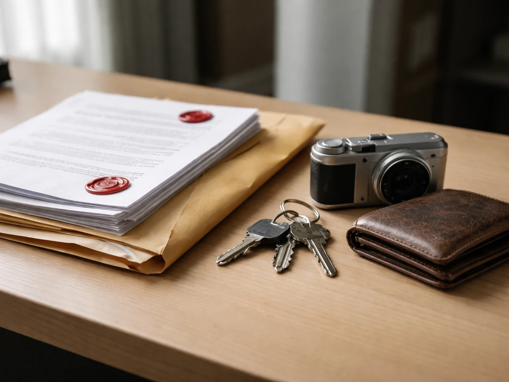 Close-up of court restitution papers and a sealed envelope beside a small bundle of personal belongings on a desk.