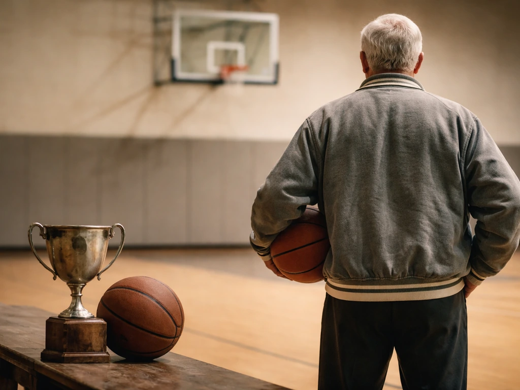 Minimal photo scene showing a retired basketball coach silhouette beside a trophy-like basketball, hinting at one Jim Ke