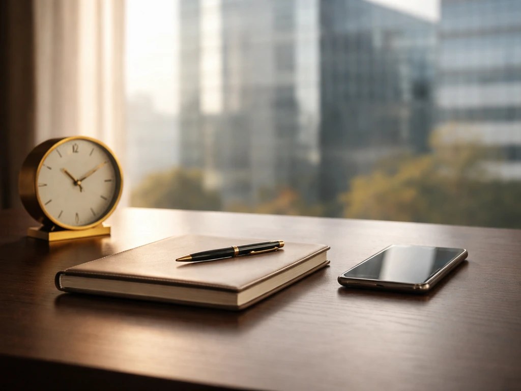 Minimal luxury office desk with corporate building in soft background, symbolizing executive wealth estimation.