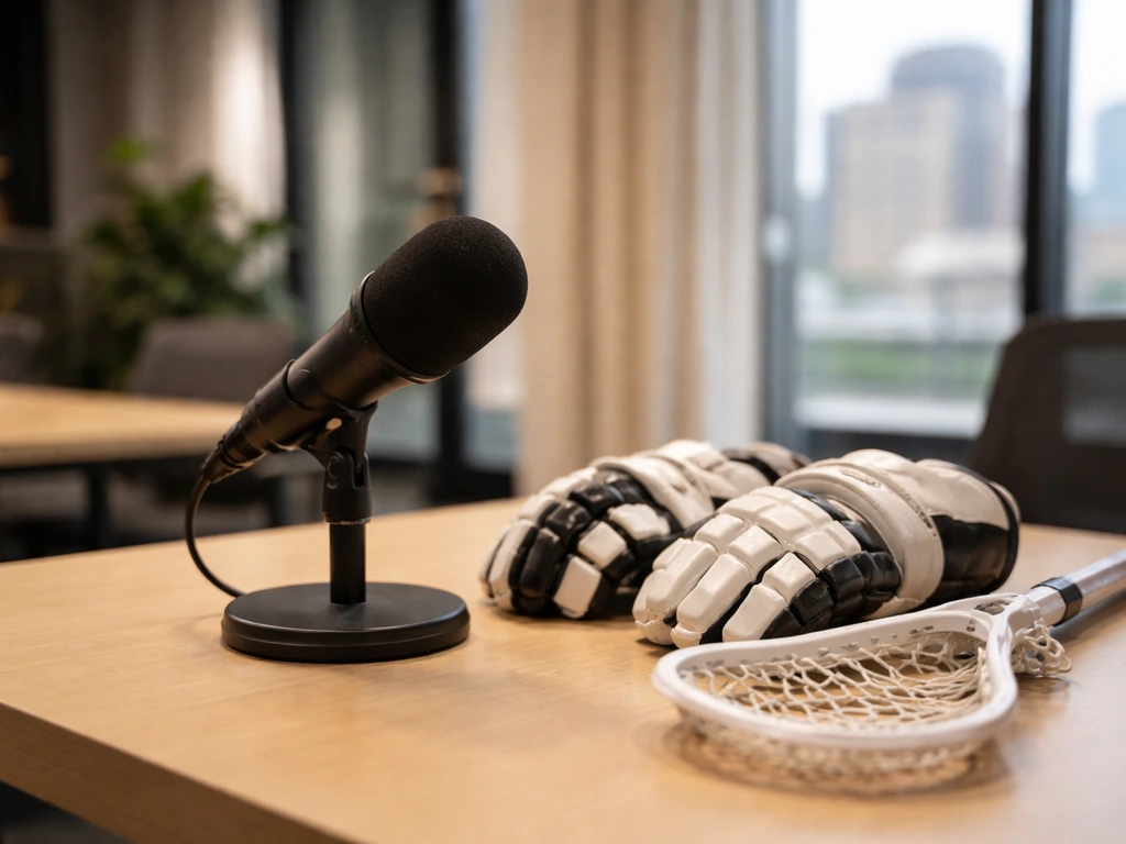 Lacrosse broadcasting studio with a microphone and netted equipment, suggesting a TV sportscaster’s on-air role