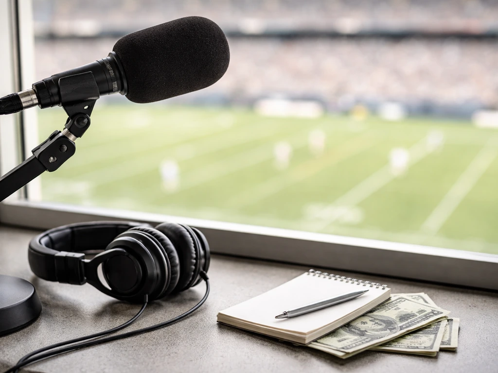 Minimal lacrosse broadcast desk setup with microphone and a few cash bills on a simple desk.