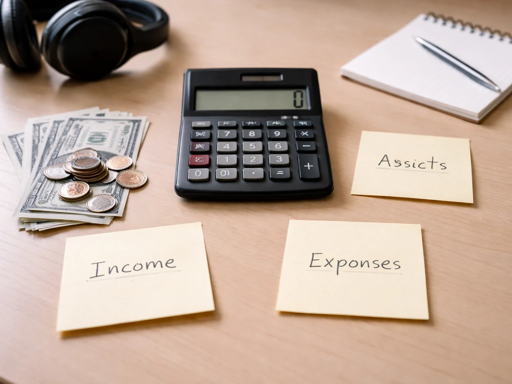 Desk scene with calculator and four sticky notes showing income, assets, expenses, liabilities with money items