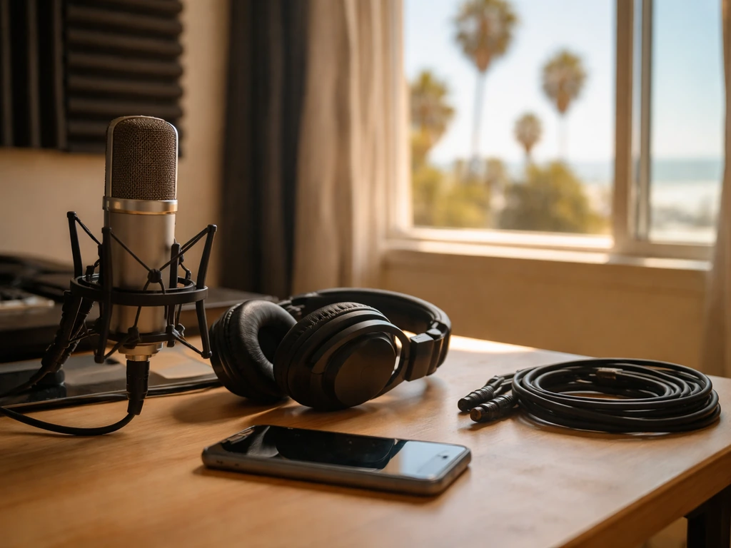 Minimal music studio scene with microphone and headphones near a sunny window in Venice, California.