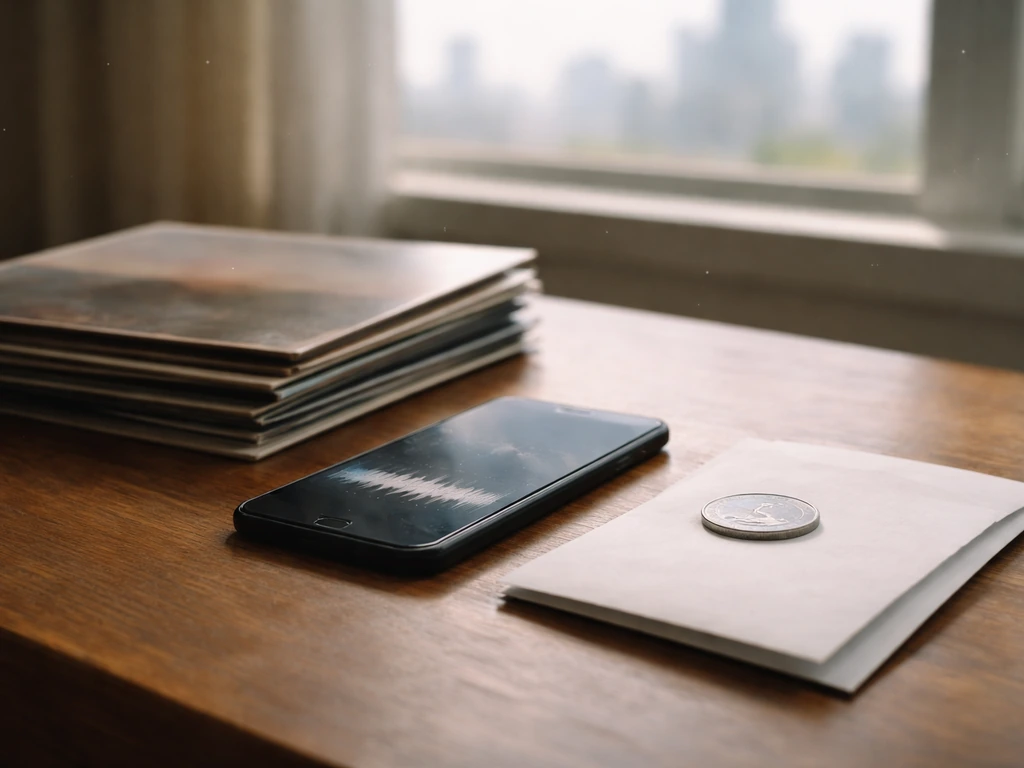 Minimal desk scene with vinyl records, a smartphone with waveform, and a coin hinting music royalties over time.
