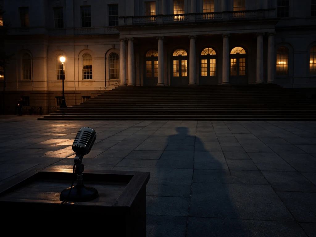 Empty City Hall steps at dusk with vintage microphone, symbolizing a political career and later wealth.