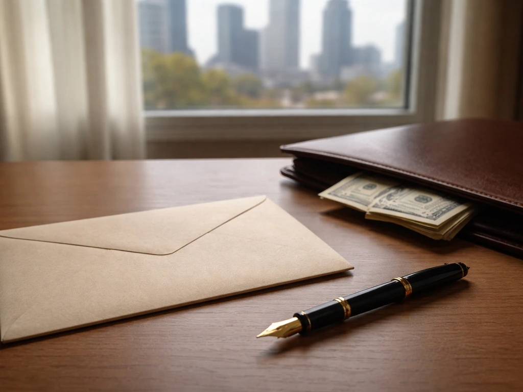 Minimal desk scene with money and documents, suggesting a reported estate value range at death.