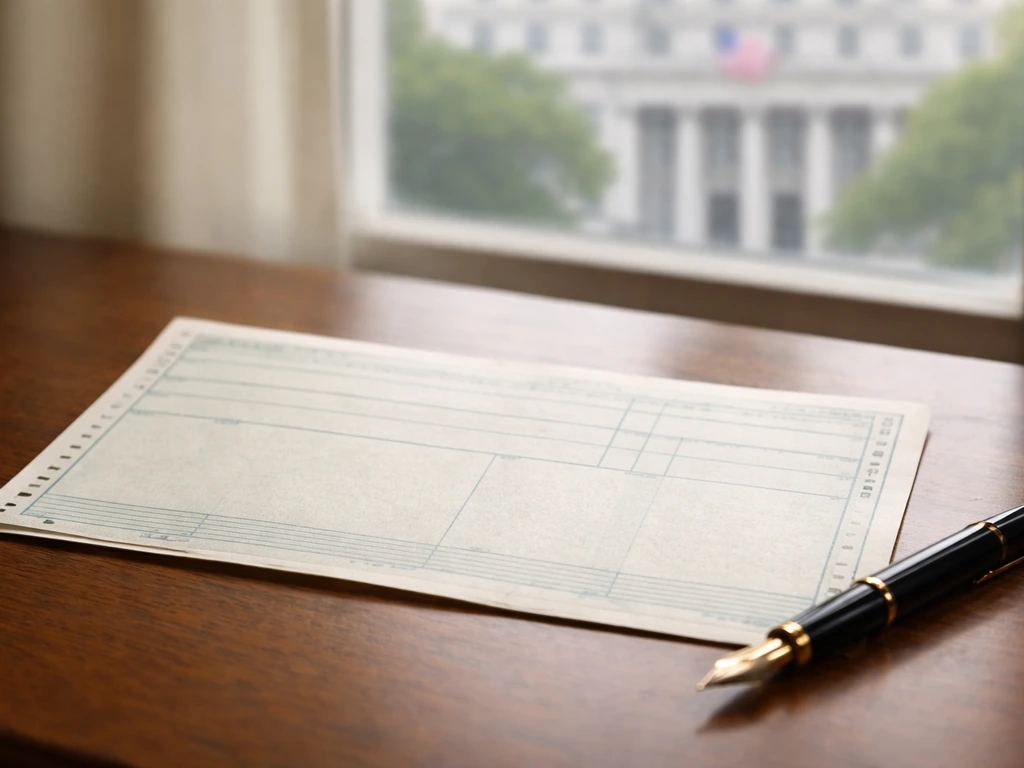 Close-up of an old pay stub-like document and a government building view through a window