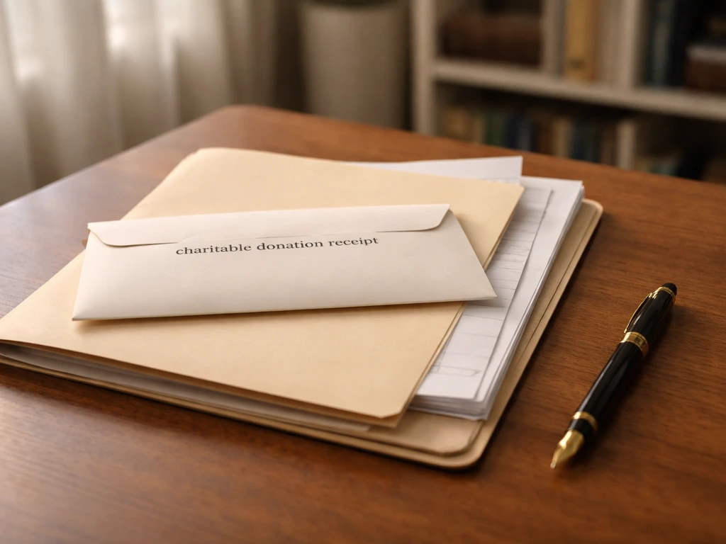 Donation receipt and estate-planning documents on a desk with a pen in soft natural light.