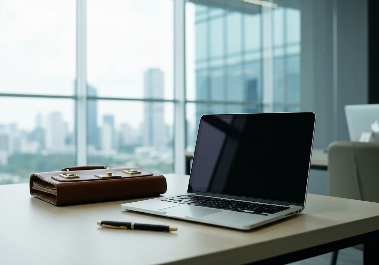 Modern Blackstone-style office scene with a sleek desk and briefcase symbolizing infrastructure leadership and finance.