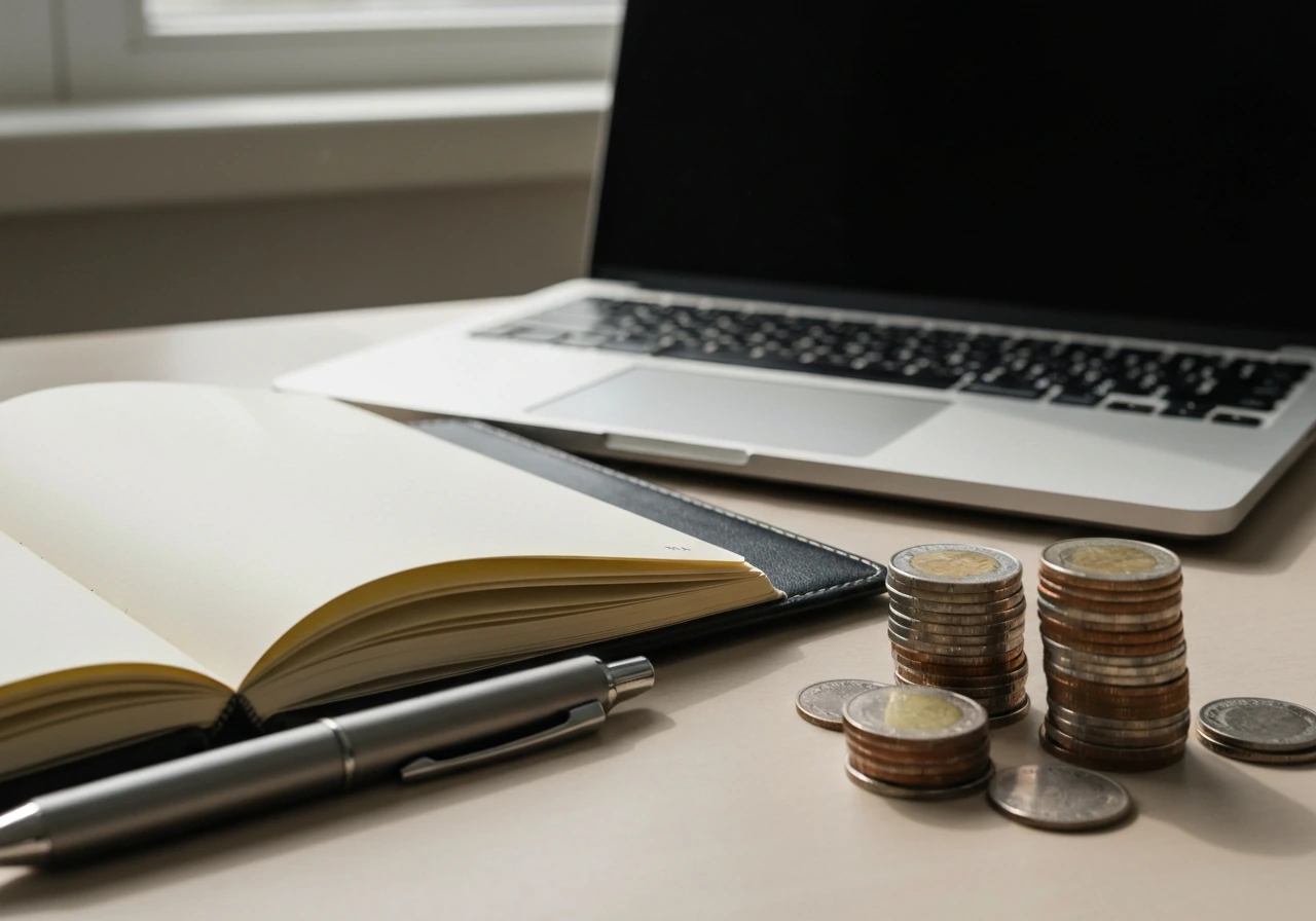 Minimal photo of a finance desk with a notebook, pen, and scattered coins under natural light