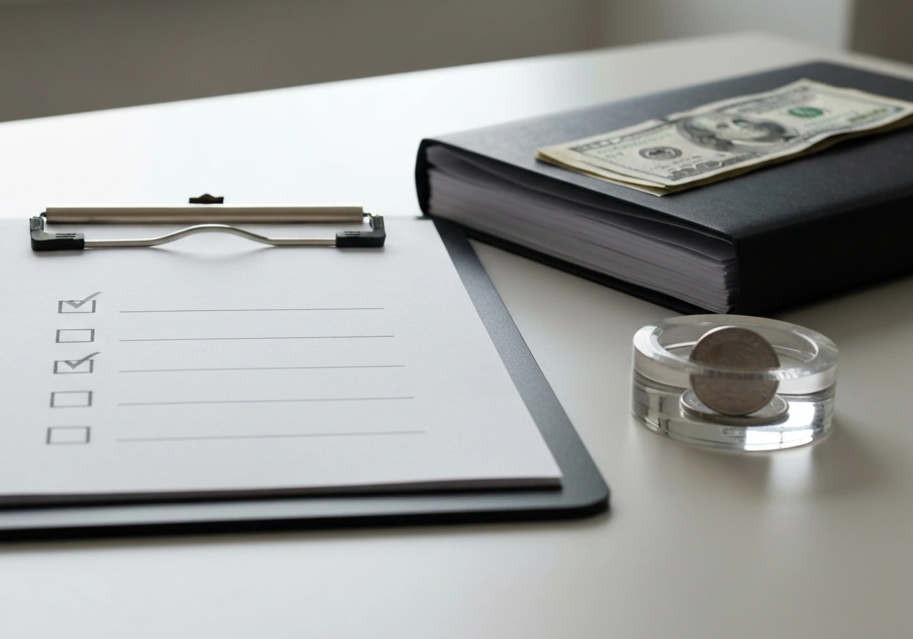 Minimal split of finance reliability using a checklist-style desk scene with blurred money and documents.