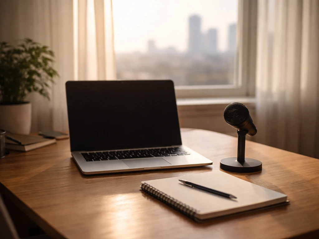 Minimal office scene with a laptop, microphone, and warm desk lighting symbolizing an entrepreneur’s work.