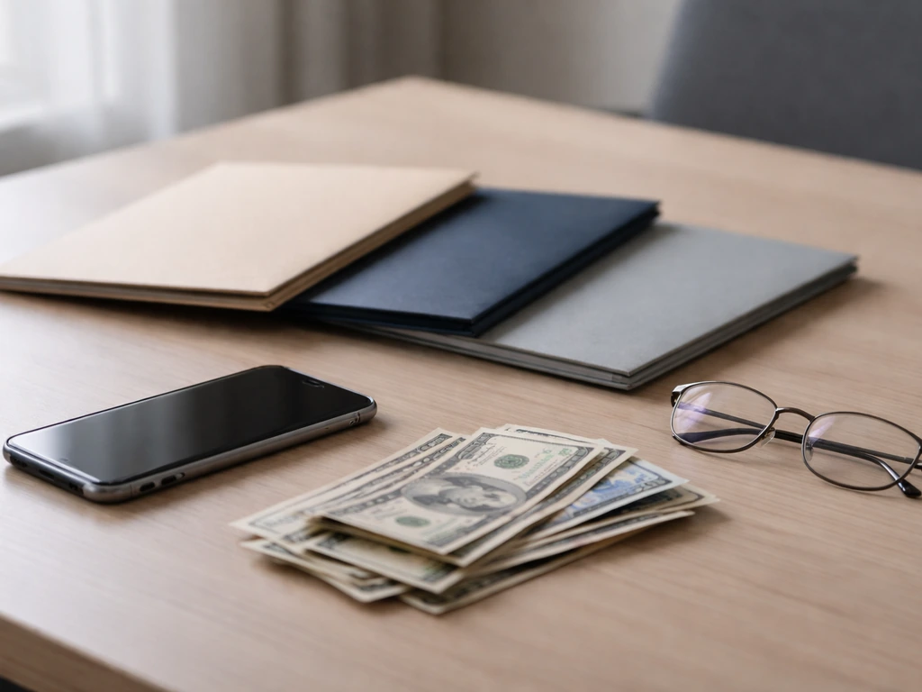Minimal office scene with three anonymous folders and scattered cash, symbolizing differing net worth sources.