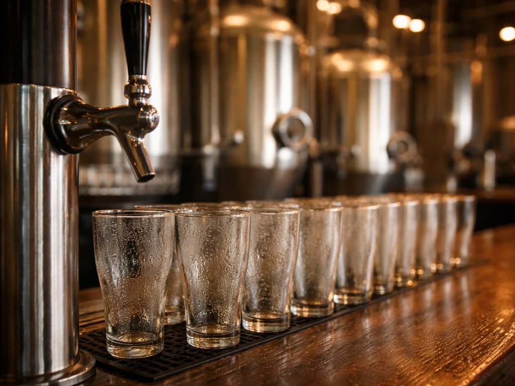 Minimal craft beer taproom scene with stainless taps, condensation glasses, and blurred brewery tanks.