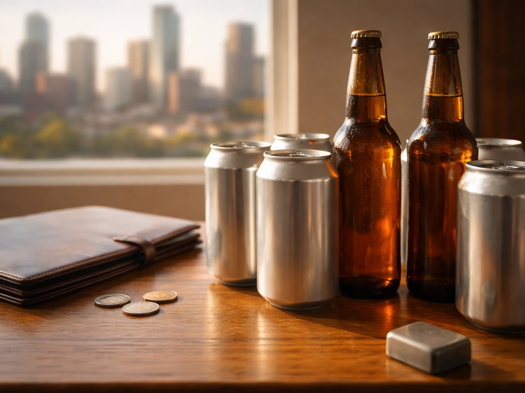 Stone brewery-style beer cans and bottles on a wooden bar with subtle deal-transaction cues