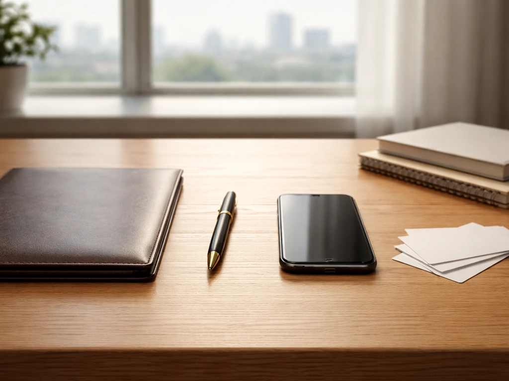 Minimal photo of a quiet desk with a smartphone, scattered business cards, and a blurred city skyline outside.