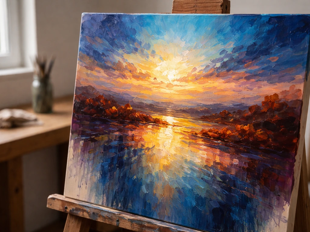 Close-up of a vivid landscape painting on a studio easel, lit by natural window light.