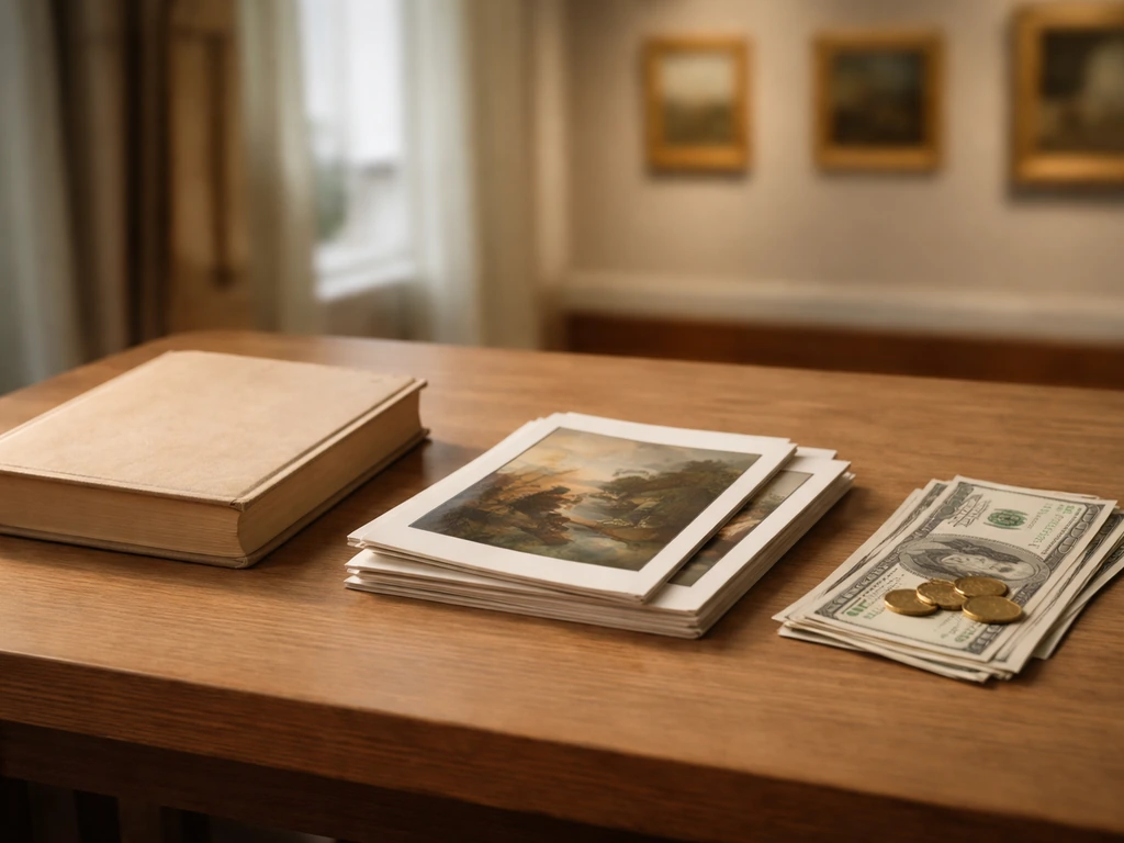 Minimal photo showing an art auction room vibe with layered money and artwork elements symbolizing net worth components.
