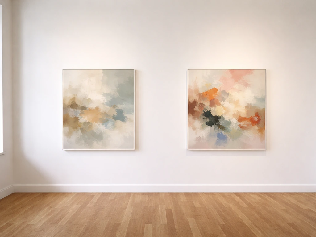 Quiet gallery room with framed abstract paintings on white walls and soft natural light