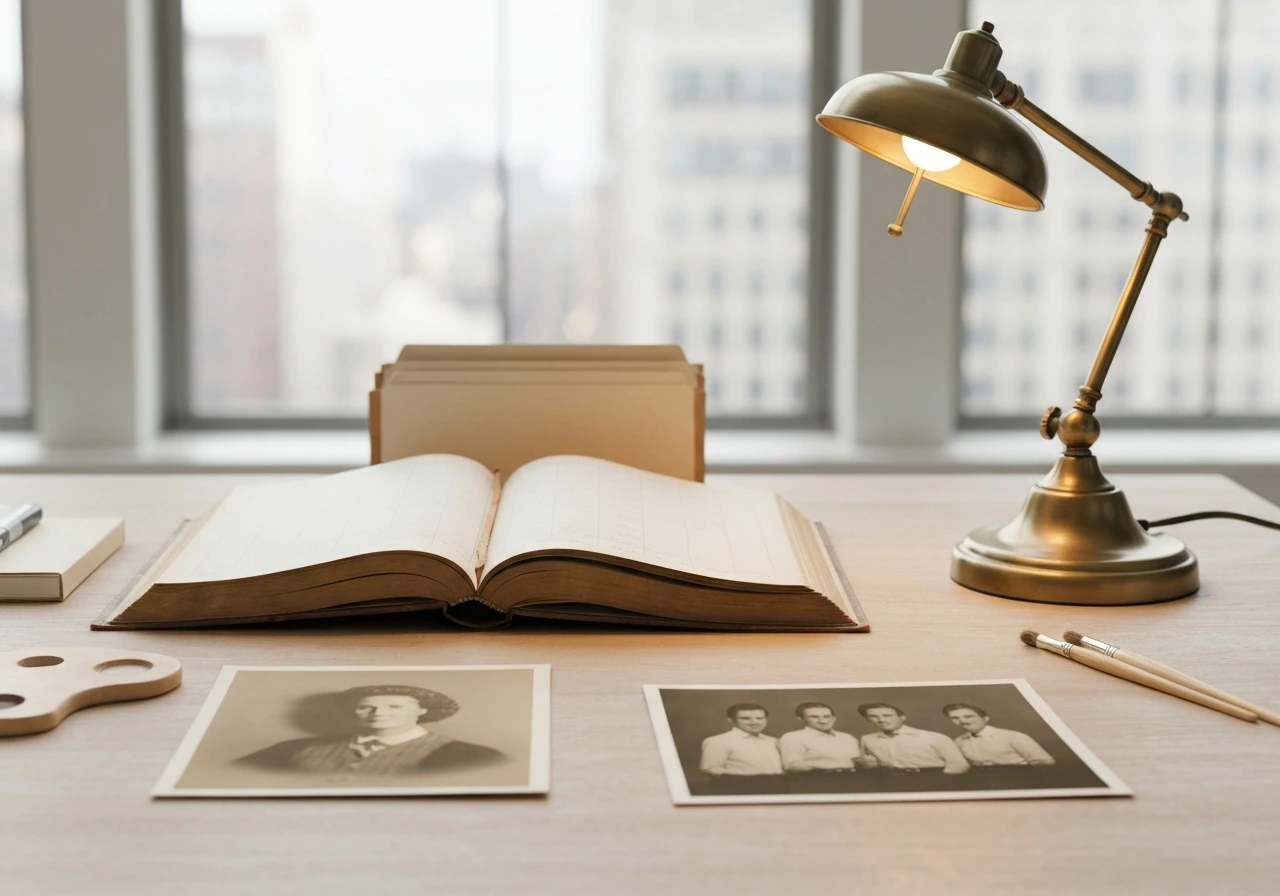 Minimal photo of a studio desk with old ledger books and a warm-lit window, symbolizing gradual wealth growth over decad