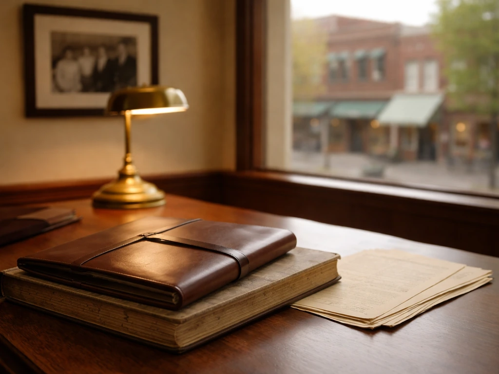 Warm office desk with ledger and documents, overlooking a small shopping street—symbolic wealth legacy scene.