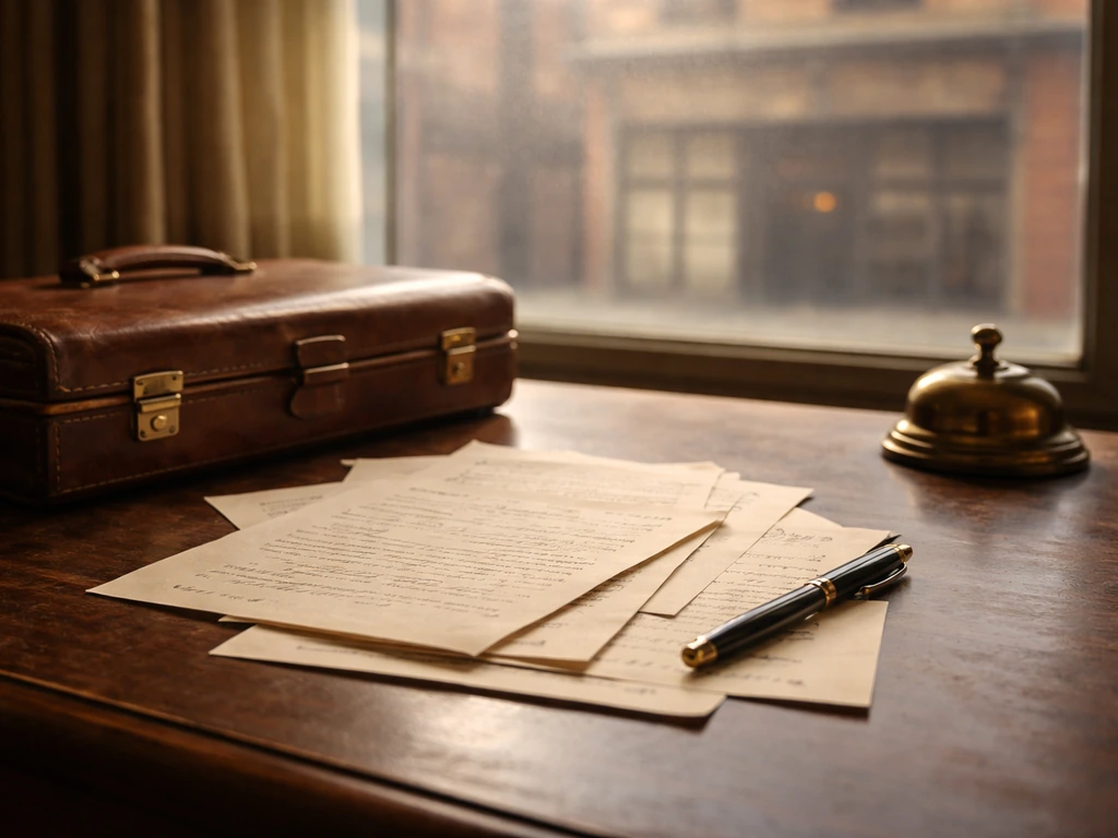 1970s businessman desk with vintage papers and a small briefcase near an archived storefront window.