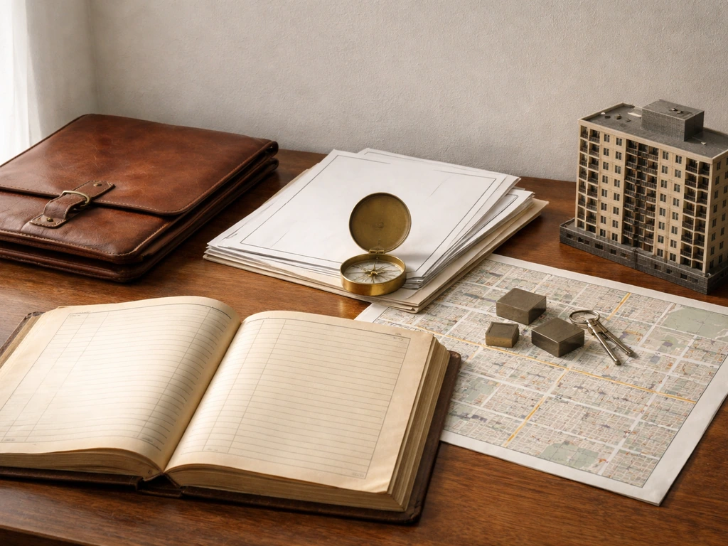 Minimal desk scene with an aged ledger, leather portfolio, and blank real-estate documents suggesting long-term investin