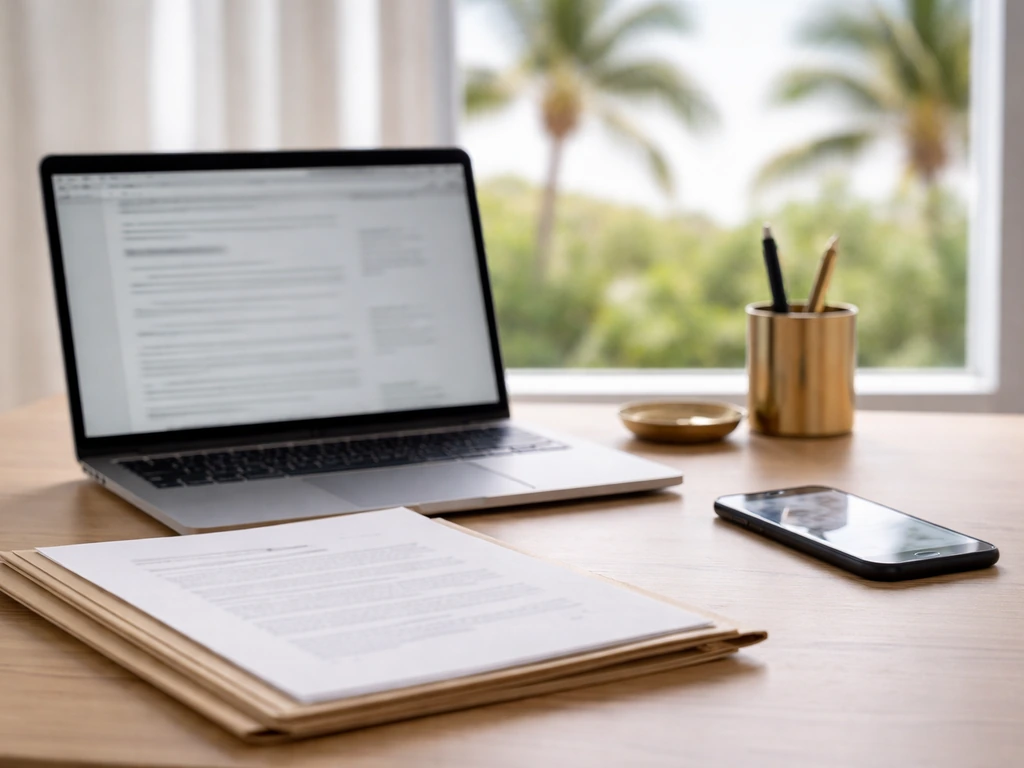 Minimal office desk in Palm Beach light with blurred finance research on a laptop and documents.