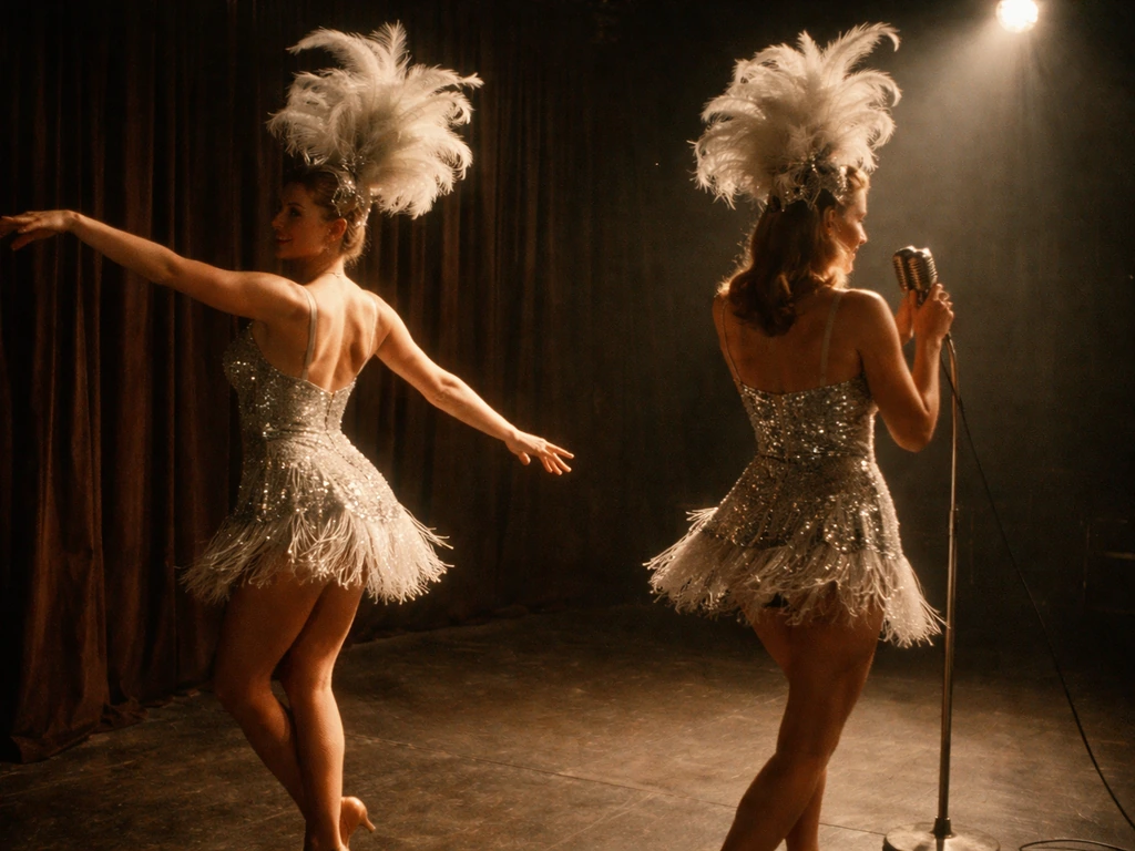 Two anonymous vintage cabaret dancers performing under warm stage lights on a quiet stage