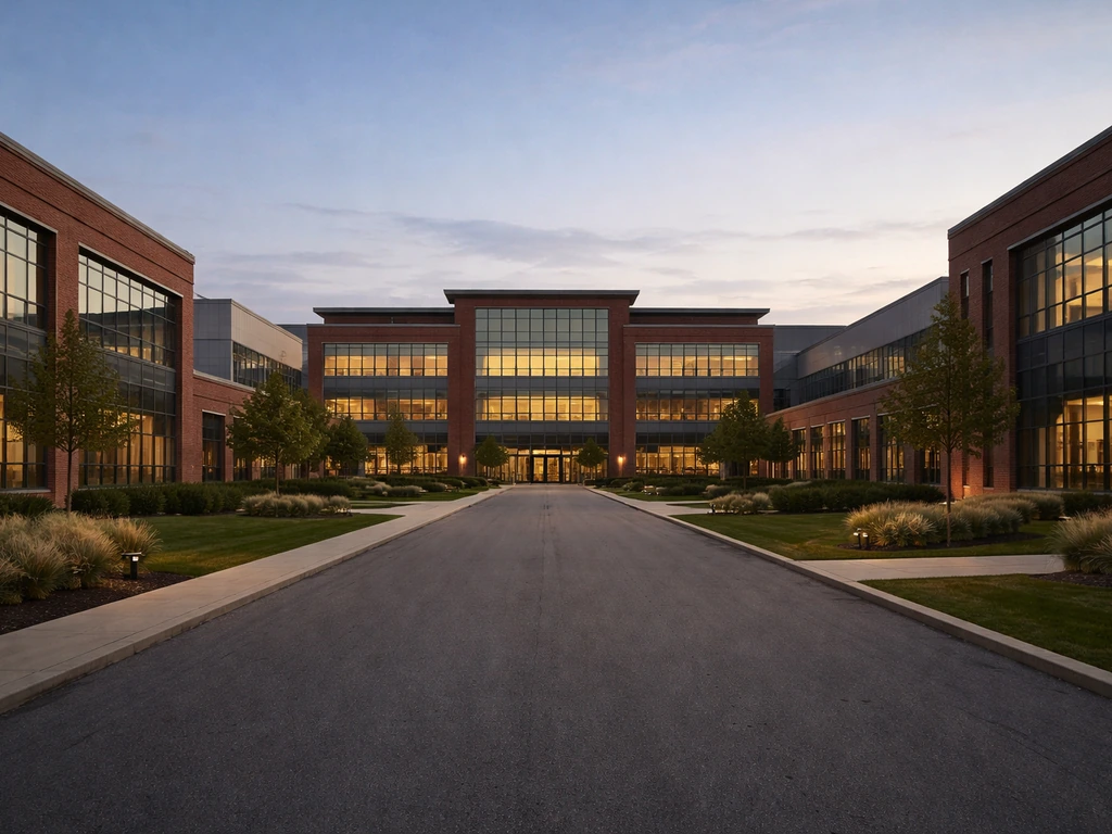 Exterior of Kohler Co. industrial campus in Sheboygan, Wisconsin at dusk, modern brick and glass buildings