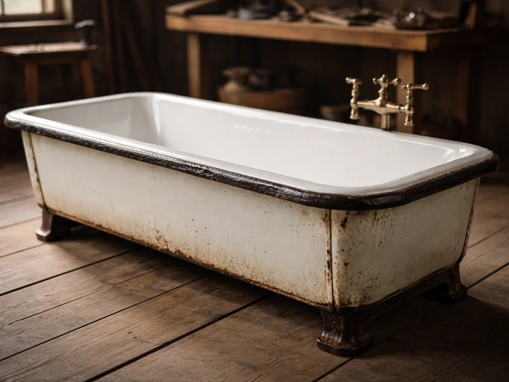 Vintage white-enamel cast-iron bathtub on wooden floor, rustic workshop light and period tools nearby.