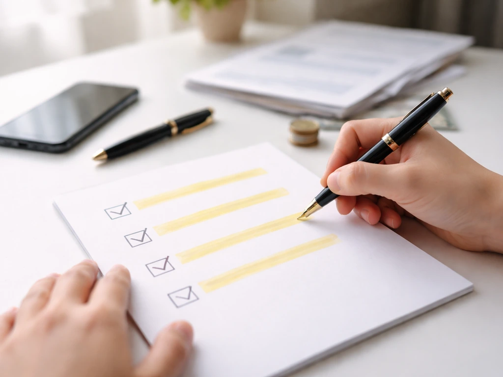 Minimal desk scene with checklist-style verification items and a notepad about checking financial estimates
