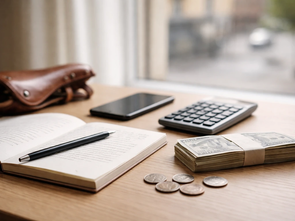 Minimal desk scene with calculator and banknotes, symbolizing how a net-worth range is estimated and varies.