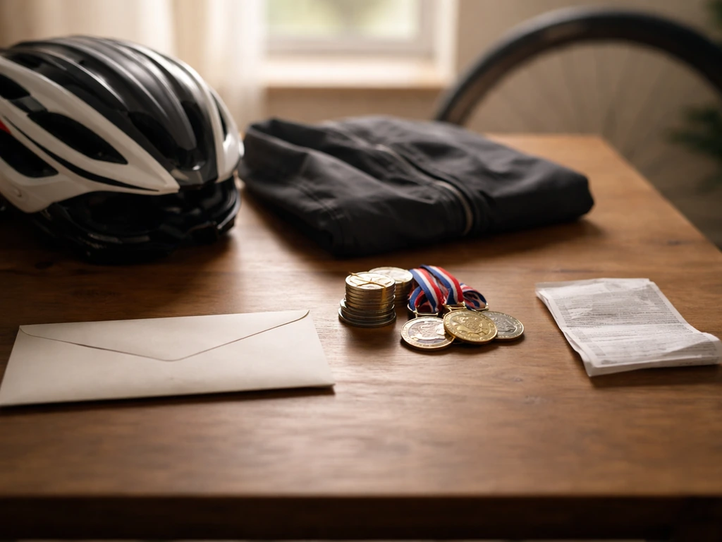 Minimal cycling scene with a plain envelope and cash symbols suggesting salary, bonuses, and prize money