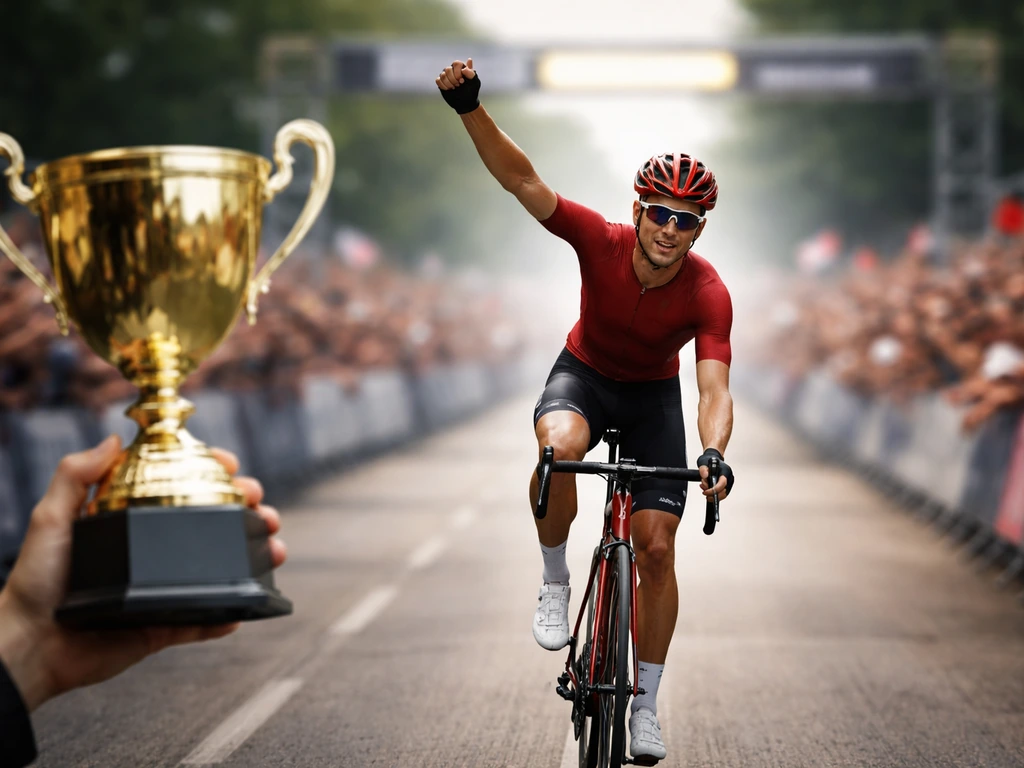 Cyclist in a red team kit with a finish-line backdrop and Vuelta-style trophy moment