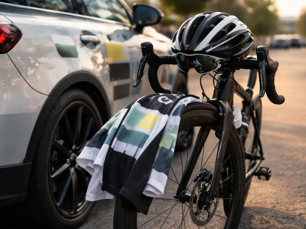 Close-up of a cycling helmet and jersey on a bike by a car, sponsor branding blurred, race-day vibe.