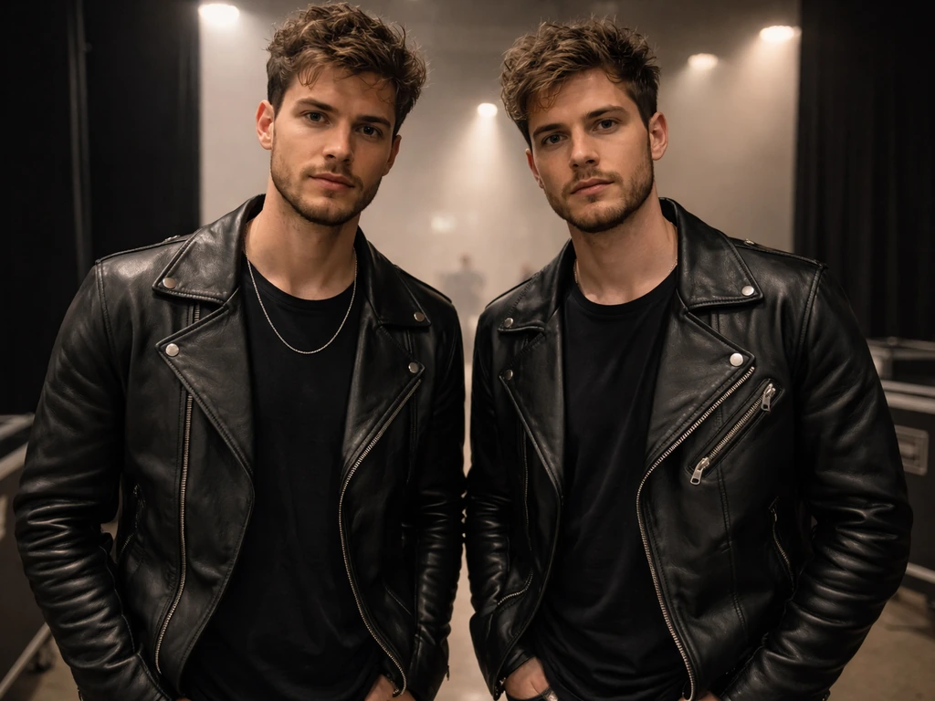 Two twin musicians in black jackets standing together backstage with soft light behind them.