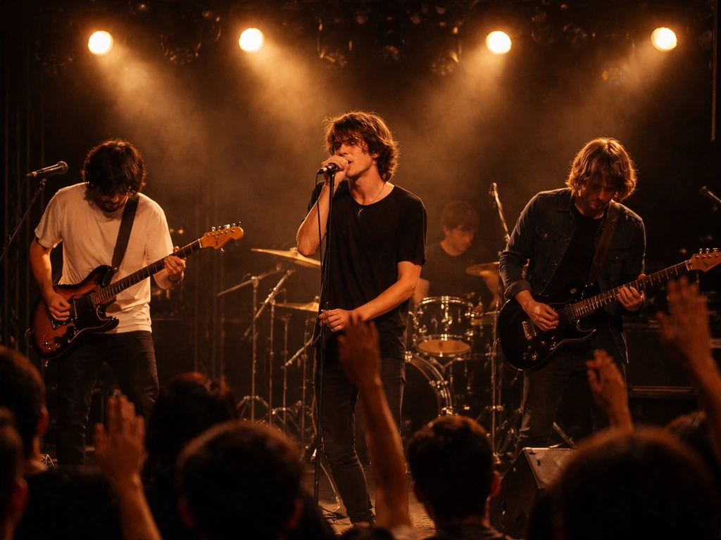 Live concert stage with musicians playing under warm lights and an energetic crowd in soft focus.